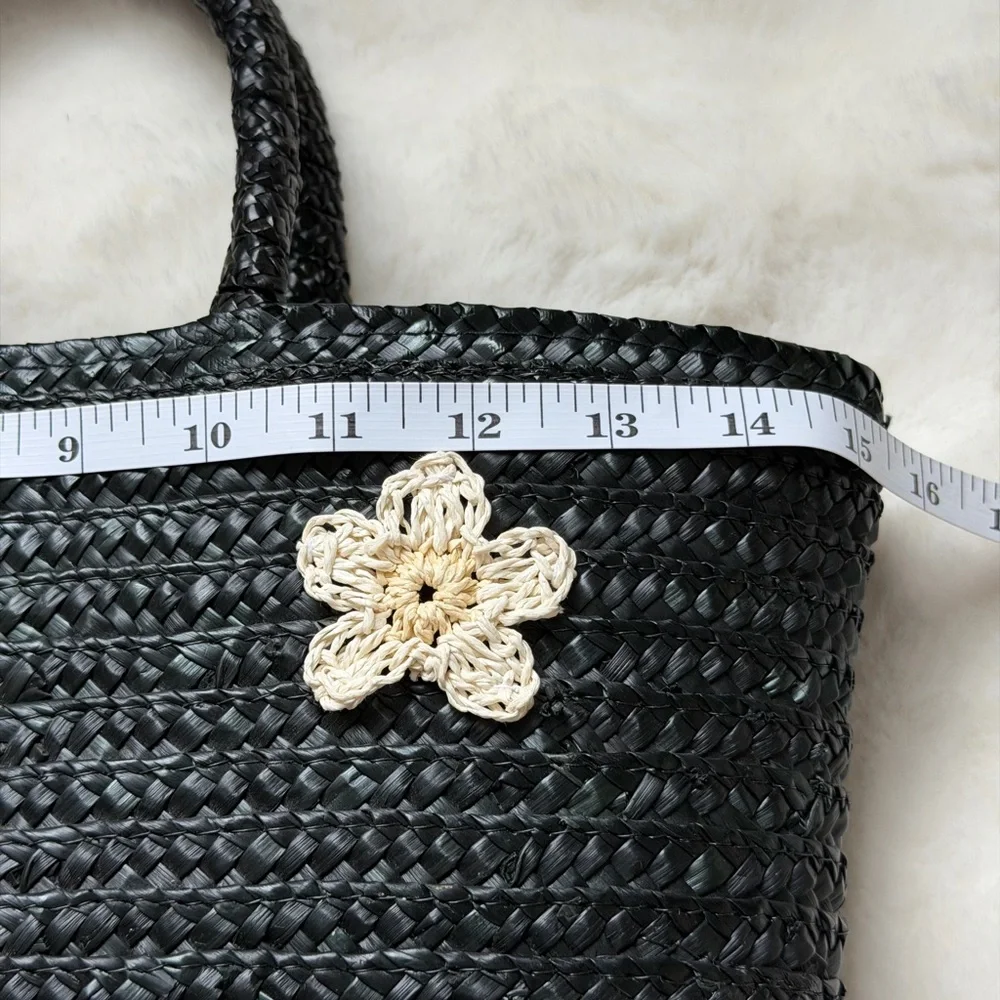 Black Woven Straw Tote Bag with Crochet Floral Accents - Picture 12 of 12